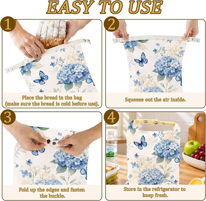 2 Pack Beeswax Blue Hydrangea Bread Bags for Sourdough, Reusable Linen Butterfly Floral Bread Bag 17x13'' Food Storage Cloth Bag Freezer-Friendly & Freshness Preservation