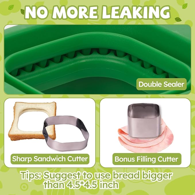 LEPCY Uncrustables Sandwich Maker Sealer Cutter, Crustless Sandwich Cutter, PB&J Uncrustable Maker - Color Green, Square Shape