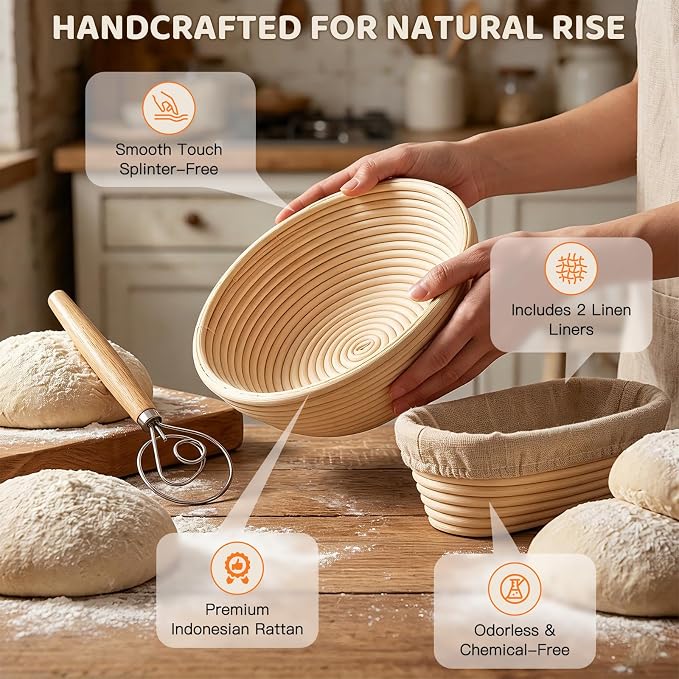 Sourdough Starter Kit - 10 Inch Round Sourdough Proofing Basket with Linen Liner, Handmade Dough Rising Bowl for Artisan Bread Making, Fermentation Tool for Home Bakers - Complete Kit with Scraper