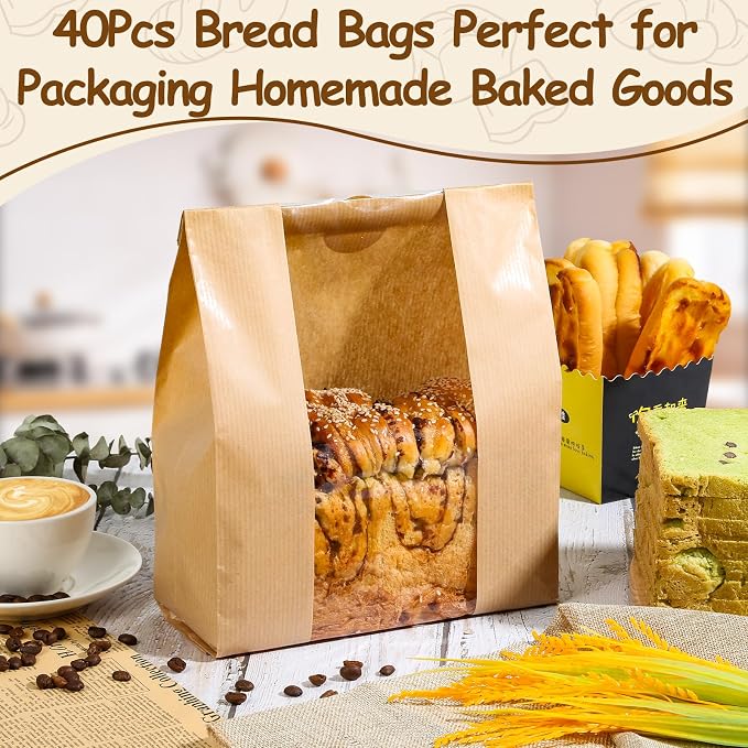 40 Pcs Bread Bags for Homemade Bread With Window Sourdough, 13.78x8.27x3.54 in, Sublaga Paper Bread Bags with 48Pcs Sealing Stickers, Packaging and Storage of Baked Goods Suitable for Bakers (40)