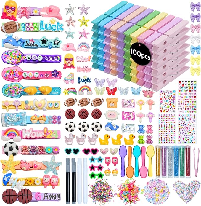 Cheer Pins, 100 pcs Clothes Pins Wooden & 350+ pcs Charms Kit, Team Diy | Wider Variety of Accessories, Fit Team of 20+People, Fade-resistant Charms, Cheer Pins for Cheerleaders, Craft, Decoration