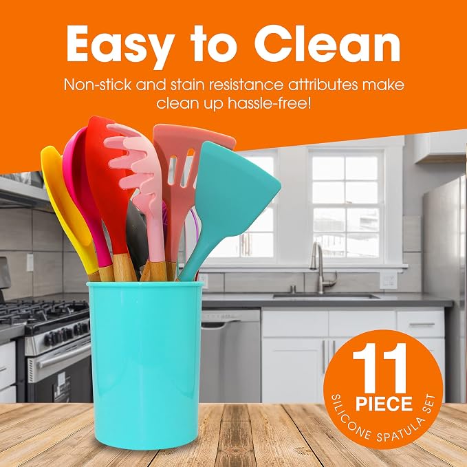 Cheer Collection 12 Piece Silicone Spatula Set with Wooden Handles - Non-Stick Silicone Utensils for Cooking, Multicolor