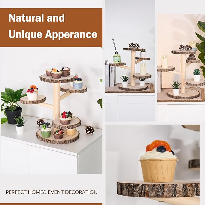 GENMOUS Wooden Farmhouse Style Cake Stand, 5-Tired Wedding Cake Stand Wood & Display Serving Tray Platter, for Appetizers Desserts Charcuterie Board