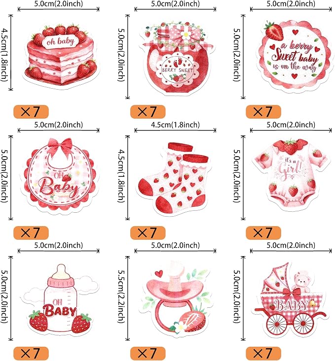63 PCS Edible Baby Shower Cupcake Toppers Wafer Paper Berry Sweet Strawberry Cupcake Picks Edible Oh Baby It's a Girl Cake Decorations for Gender Reveal Baby Shower Girls Birthday Party Supplies Red
