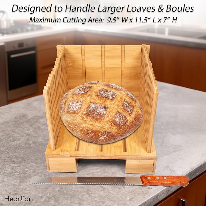 Bamboo Bread Slicer For Homemade Bread - Built-In Knife Slot, Crumb Catcher & Storage Compartment - Adjustable Extra Wide & High For Sourdough, 12” Knife Blade Included *BREAKAGE ISSUE NOW FIXED*
