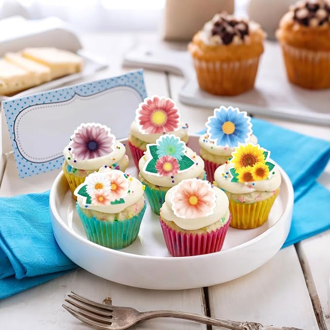 50Pcs Edible Colorful Sunflowers Cupcake Toppers Sunflower Blossoms Cupcake Picks for Sunflower Baby Shower Floral Bridal Shower Engagement Floral Wedding Baby Girls Birthday Cupcake Decorations