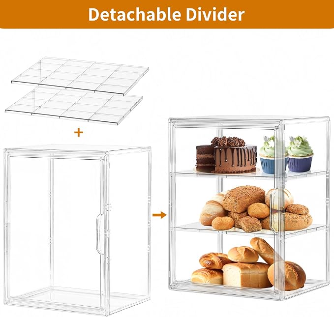 SANKEU Pastry Display Case,Bread Box for Kitchen Countertop,3 Layers Adjustable Clear Bread Storage with Magnetic Door Small Bakery Pastry Display, 2 Pack