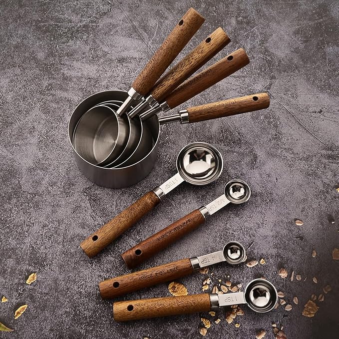 8 pieces Silvery Measuring Cups Set and Measuring Spoons Set with Scale, BRIIEC Wooden Handle Stainless Steel Dry & Liquid Measuring Cup for Cooking Baking