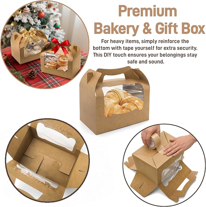 50 Pack Large Gable Box with Window, 9"x6"x6" Kraft Paper Party Favor Treat Box, Goodie Gift Boxes with Handle, Lunch Togo Boxes for Christmas Birthday Wedding Picnic Bakery Catering