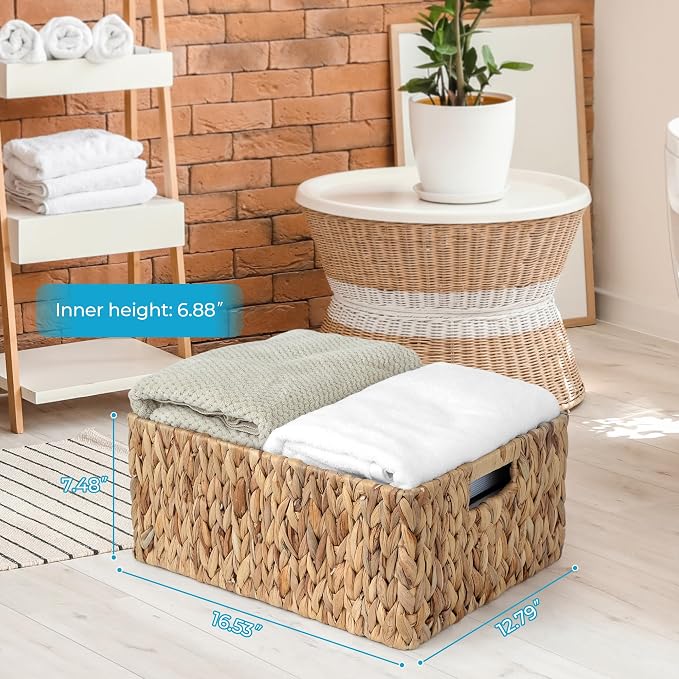 JS HANGER Large Woven Rattan Storage Basket with Handle for Organizing Blanket and Pillows for Living Room, Nursery, Water Hyacinth Wicker Basket 16.53’’ x 12.8’’ x 7.5’’