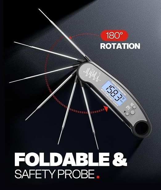 Meat Thermometer Digital – Instant Read Food Thermometer for Grilling, BBQ, Air Fryer, Smoker, Candy Making, Kitchen Gadgets, BBQ Essentials, Gift for Dad, Men, Black & Grey