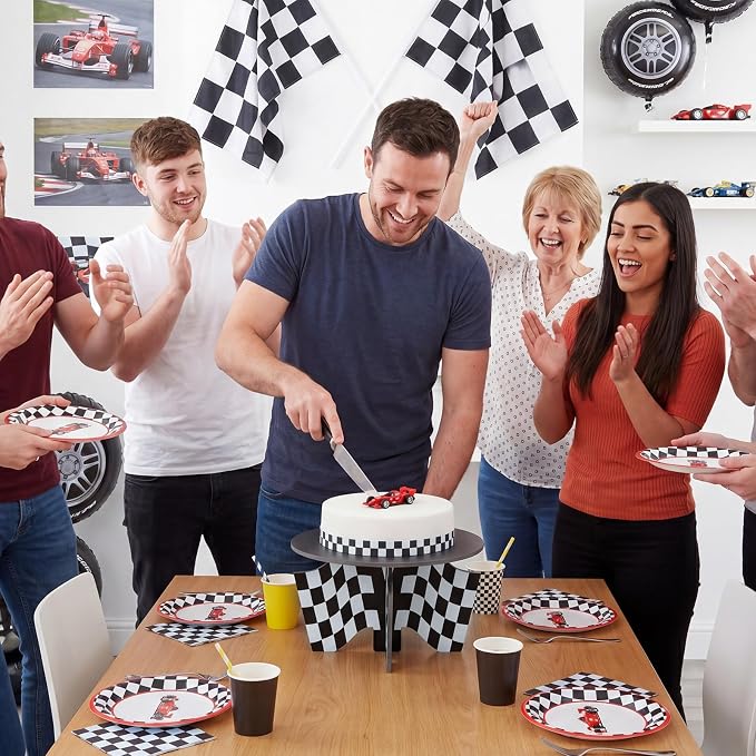 Lallisa 12" Racing Car Theme Cake Stand Black 3D Racing Party Decorations with Black and White Checkered Flag Base PVC Dessert Holder Centerpieces for Two Fast Theme Birthday Party Supplies