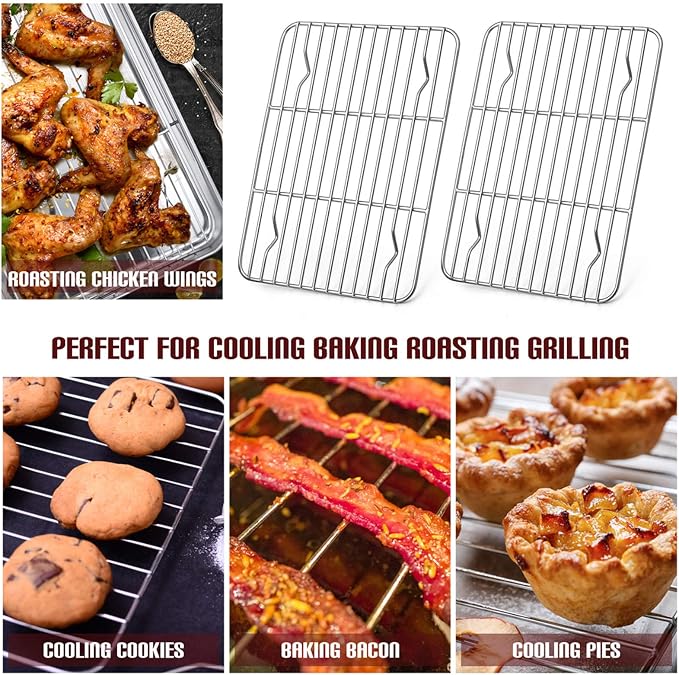 E-far Small Baking Cooling Rack Set of 2, Stainless Steel Metal Roasting Cooking Racks, Size - 9.7"x7.3", Non Toxic & Rust Free, Fit for Toaster Oven, Dishwasher Safe
