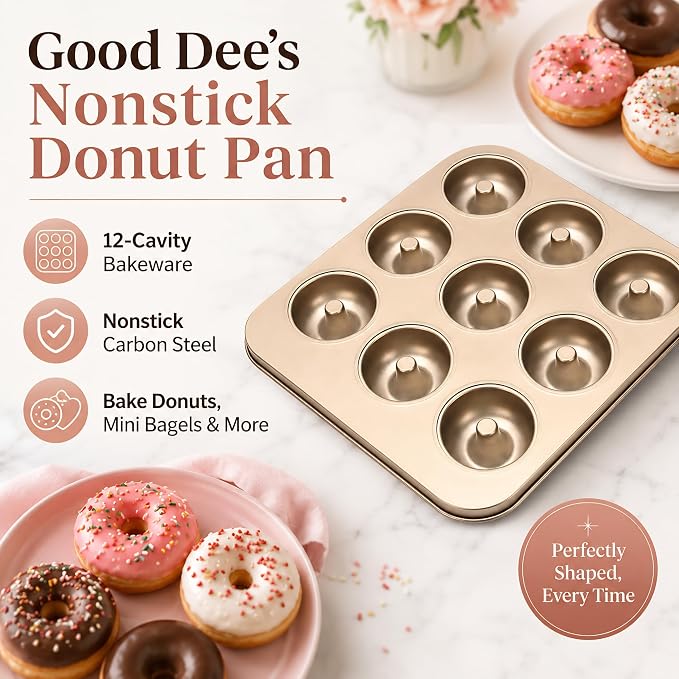 Good Dee's Nonstick Donut Pan for Baking 12 Cavity - Carbon Steel Donut Baking Pan for Muffin, Cake, Dessert & Mini Bagel | Doughnut Bakeware for Oven Baking | Mold Donut Trays Easy Clean & Non-Stick