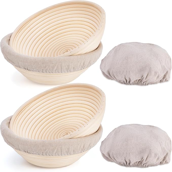 Banneton Bread Proofing Basket, Sourdough Banneton Basket, 9 inch Round Banton Proofing Baskets with Liners, Proofing Baskets for Sourdough Bread Baking Supplies(4 Pack)