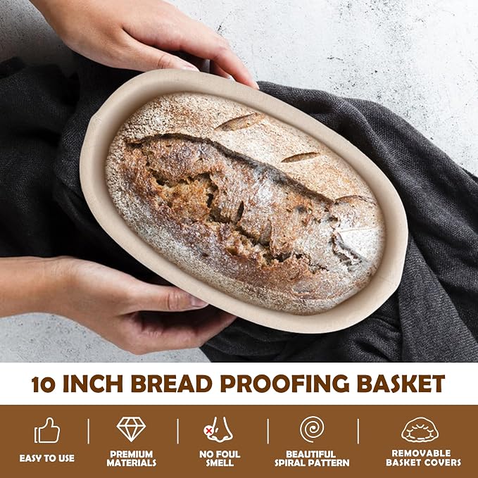 E-far Bread Proofing Basket Set of 2, 10 Inch Oval Dough Bowls for Rising, Sourdough Bread Baking Supplies with Liners for Home and Professional Baking
