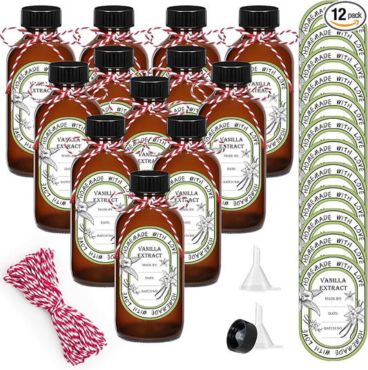12 Pack 8 oz Vanilla Extract Bottles with Black Poly Cone Caps and 12 Pcs Vanilla Extract Stickers 240ml Boston Round Sample Bottles for Syrup Gift Glass Food Storage Canister Set Sauce Beans(8oz)