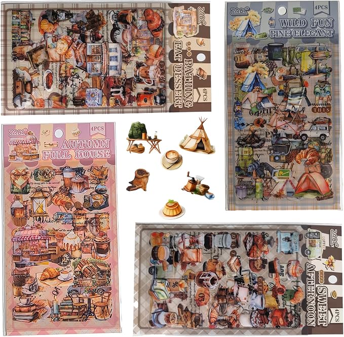 320Pcs Vintage Food Stickers, Transparent PET Waterproof Dessert Coffee Cake Stickers for Scrapbooking, Journaling, Planners, Laptops and Water Bottles (Baking Style)