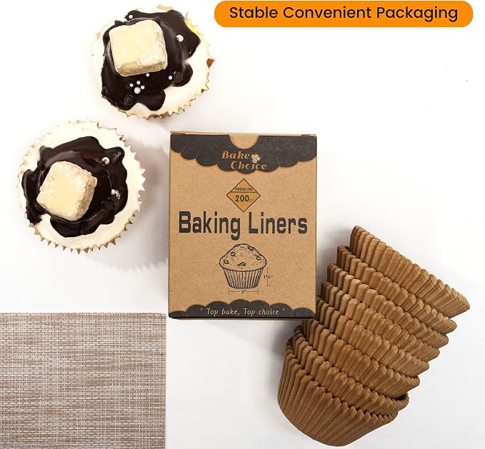 Bake Choice 200pcs Standard Brown cupcake liners for baking,food-grade cupcake wrappers, grease-proof parchment muffin liners for Christmas decorations