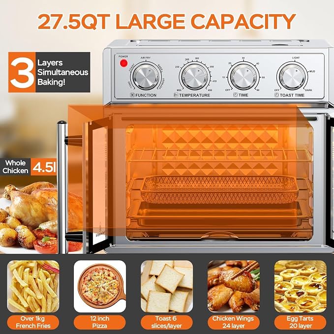 PlumChef 27.5 Qt Air Fryer Convection Toaster Oven, Stainless Steel | Extra Large, 6 Slices, French Door, 1700W, Multifunction: Air Fry, Toast, Grill, Defrost, Bake