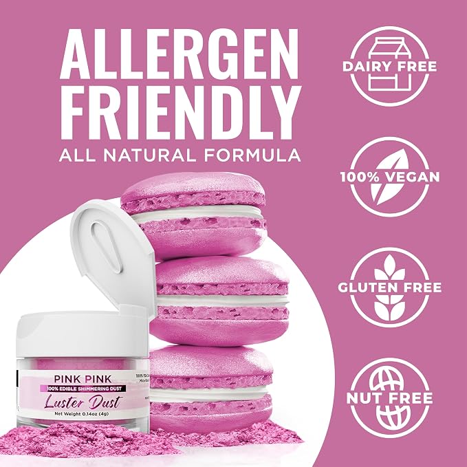 Luster Dust - Pink Pink (4g 1x Jar) | Edible Vegan Dust & Paint for Cake Decorating, Ice Cream, Desserts, Cocktails and Beverages by Bakell