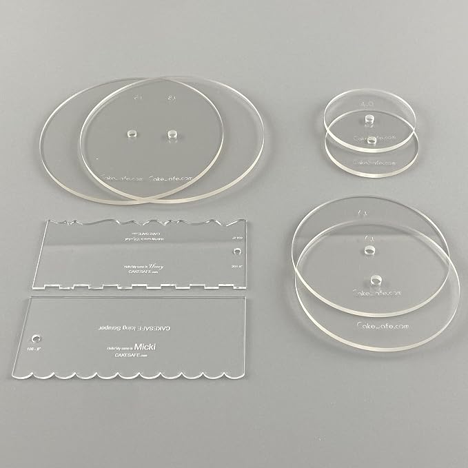 CAKESAFE Bare Necessities Cake Decorating Acrylic Disk Kit – 3 Sets -Round 4.00”, 6.00” and 8.00” Disk Sets (2 disks per size), 2-8" Icing Scrapers with 1 Scraper Edge and 3 Cake Comb Patterns