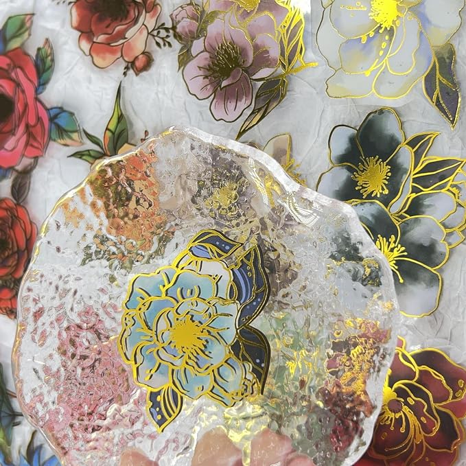 50Pcs Transparent Gilded Elegant Floral Scrapbook Stickers Pack, Vintage Aesthetic Flowers Stickers for Scrapbook Journal, PET Waterproof for Water Bottles Laptop Phone Scrapbook Supplies DIY Crafts