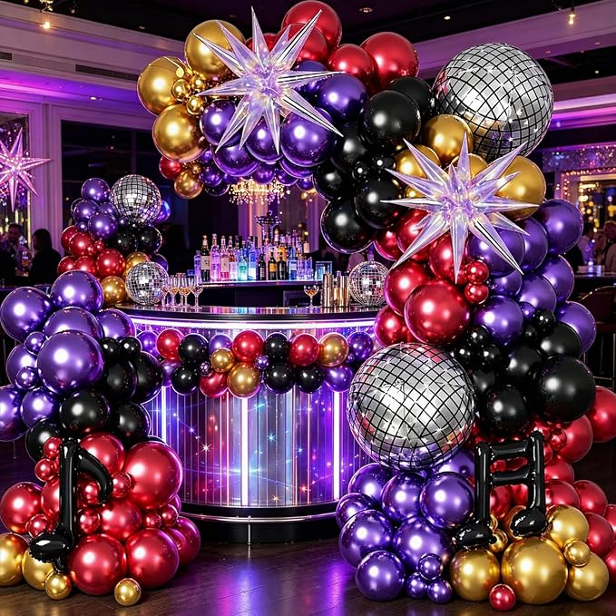 Disco Balloon Arch Kit, Metallic Chrome Red Purple Gold Black Kpop Balloon Garland with Foil Star Music Note Balloons for Kpop Music Decoration 80s 90s Disco Birthday Galaxy Theme Grad Prom Graduation