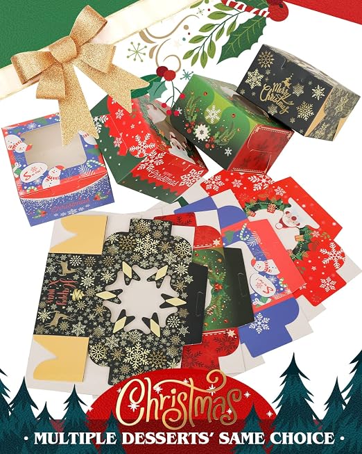 qiqee Christmas Bakery Boxes with Window 52pcs 4x4x2.5 Inch Mini Cookie Boxes Macaron Boxes Small Donut Pastry Boxes for Christmas