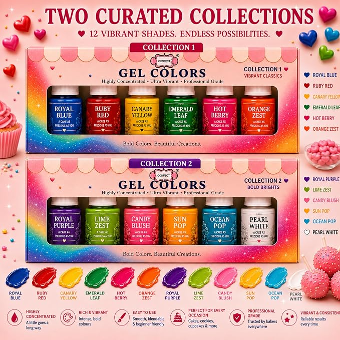 Confect Birthday Bash Gel Food Coloring Set – 12 Highly Pigmented Colors for Buttercream, Cakes, Cookies, Macarons & Baking – 10mL Bottles