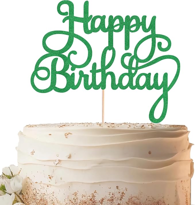 Happy Birthday Cake Topper - Green Glitter Birthday Party Cake Decoration Supplies, Photo Booth Props