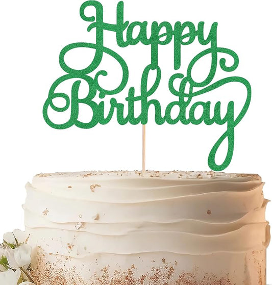 Happy Birthday Cake Topper - Green Glitter Birthday Party Cake Decoration Supplies, Photo Booth Props
