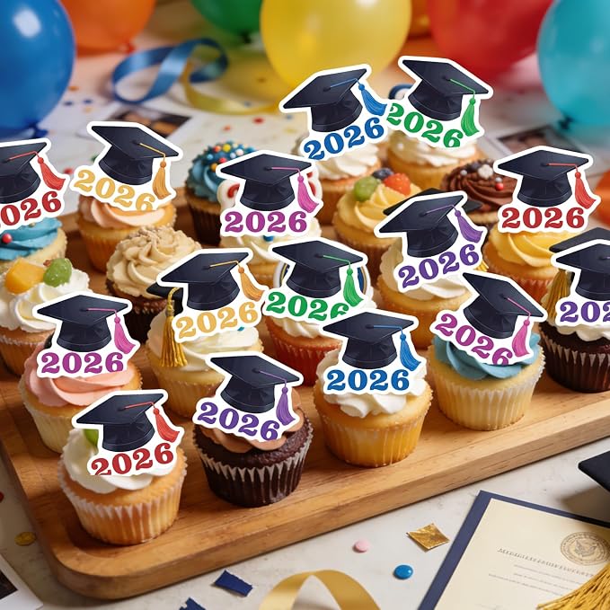 42PCS Edible Graduation Cap Cupcake Toppers Wafer Paper Class of 2026 Cake Decorations Edible Grad Cap Cupcake Picks for 2026 Graduation Theme Party Cake Decor Supplies (multi)