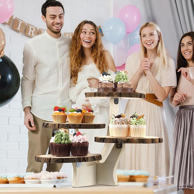 Chunful 4 Tier Round Natural Wood Cupcake Dessert Stand, Cup Cake Tower Stand Holder, Wooden Cake Display Tiered Centerpiece for Party, Birthday, Wedding, Baby Shower, Holiday Decoration