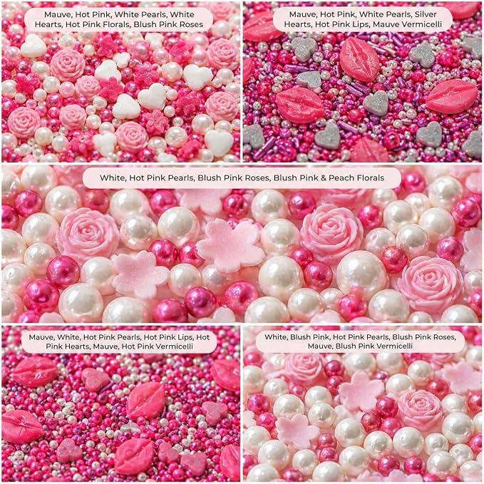 Handcrafted Pink Mini Roses, Silver Hearts, Vermicelli & White Pearls - Vegan, Gluten-Free, Nut-Free, Soy-Free, Dairy-Free Cake & Baking Sprinkles - Perfect for Anniversaries & Special Occasions - 5 Oz