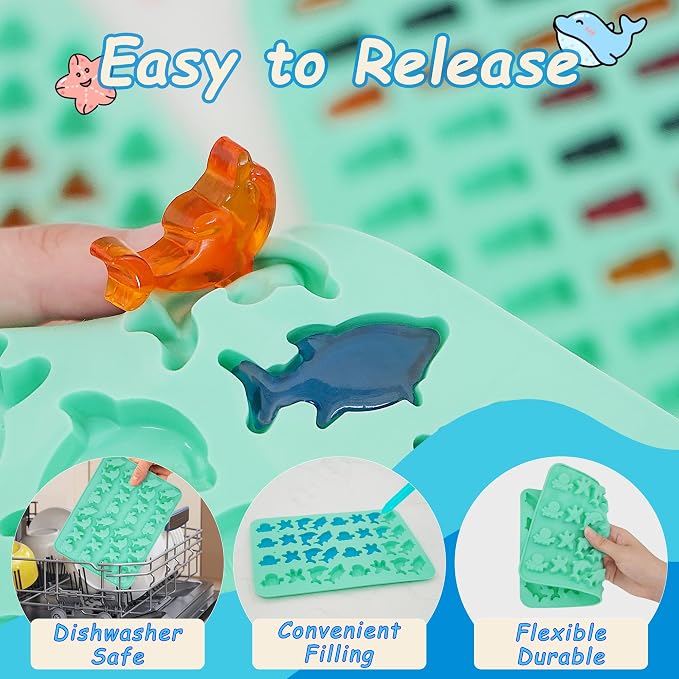 Zorazio 7Pcs Gummy Bear Molds Silicone, Nonstick Ocean Animals Gummy Molds Includes Bear, Starfish, Dolphins, Octopus, Gummy Candy Chocolate Molds with 2 Droppers for Convenient Filling