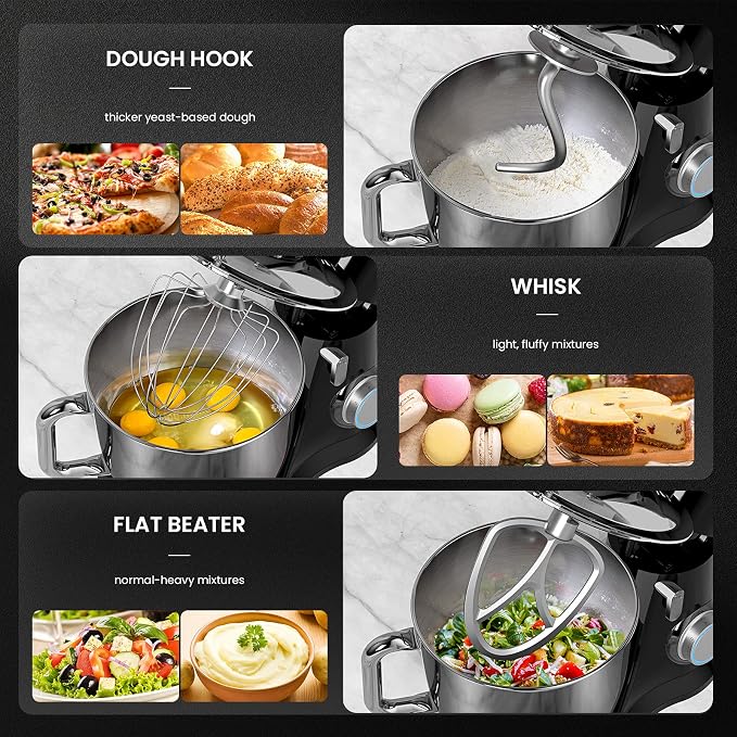 Stand Mixer, KICHOT 10+P Speed 4.8 Qt. Household Stand Mixers, Tilt-Head Dough Mxier with Dough Hook, Beater, Wire Whisk & Splash Guard Attachments for Baking, Cake, Cookie, Kneading, SM-1533,Black