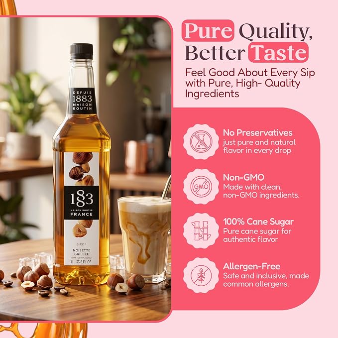 1883 Vanilla, Caramel, Roasted Hazelnut Syrups with Pumps (Coffeehouse Favorites) for Coffee & Drinks – 1 Liter Plastic Bottles (Pack of 3)