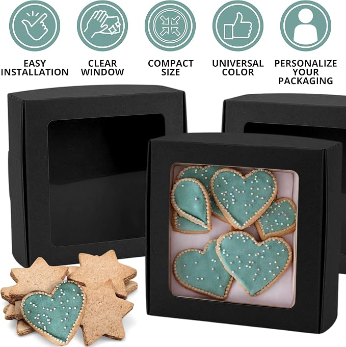 30PCS Cookie Boxes Black with Window - 4.13 x 4.13 x 1.18 Inch Durable Packaging for Baked Goods Small Bakery Containers for Pastries Gift Giving Bulk Food Storage Elegant Display for Desserts