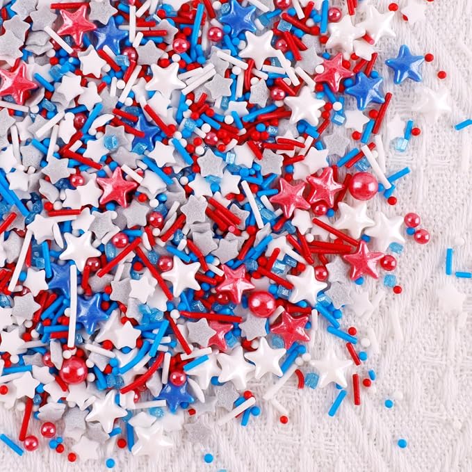 Patriotic Sprinkles Red White Blue Silver Sprinkle Rainbow Jimmies for Baking Cookie Star Sprinkle 4th of July Memorial Day Sprinkles Edible Colorful Sugar Pearl Candy Decorations 100g /3.5 Oz