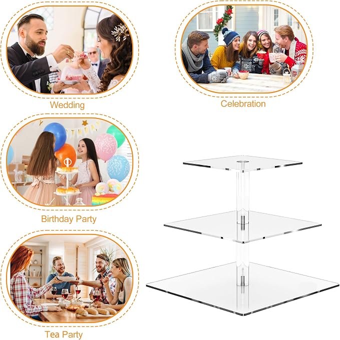 weddingwish 3 Tier Square Clear Acrylic Cupcake Stand, Clear Cupcake Display Stand Tower Tree, Tiered Cupcake Carrier Dessert Stands