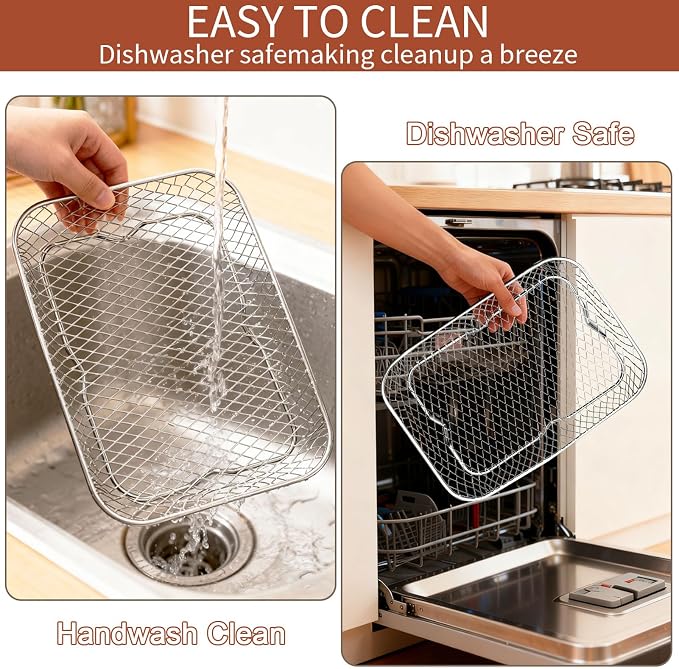 3-Tier Air Fryer Baskets, 7.79×5.23" Stackable Stainless Steel Racks for Ninja Foodi Dual Zone DZ071 DZ090 DZ201 DZ302 DZ401 DZ550 SL401, Rectangular Air Fryer Accessories with Silicone Feet