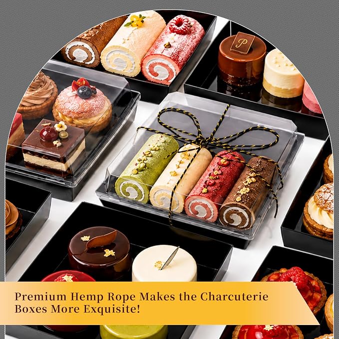 7 x 7 x 2.6 Inches Large Charcuterie Boxes with Clear Lids, 50 Pack Disposable Square Black Bakery Boxes, To Go Paper Food Container for Cake Slices, Sandwiches, Cookies, Dessert