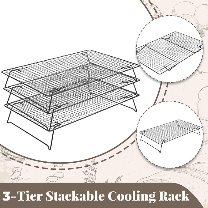 3-Tier Stackable Wire Cooling Rack with Legs, High-quality Carbon Steel, 17" x 11" Cooling Rack for Cooking and Baking, 100 Pcs 6in Baking Paper, Nonstick, for Cookie, Pizza, Bread, Barbecue