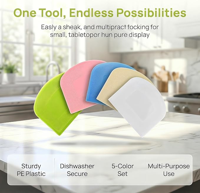 5 Pack Dough Scraper for Baking, BPA-Free PE Flexible Bowl Scraper, Food Grade Plastic Dough Cutter for Bread, Cake Dough, Fondant, Icing and Pastry, White Green Mustard Yellow Blue Pink