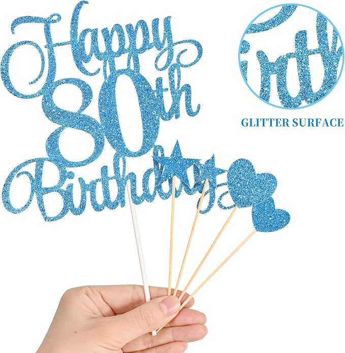 80th Birthday Cake Decorations, 80th Birthday Candles Cake Numeral Candles and Glitter Happy 80th Birthday Cake Toppers Set for Birthday Party Supplies (Blue)