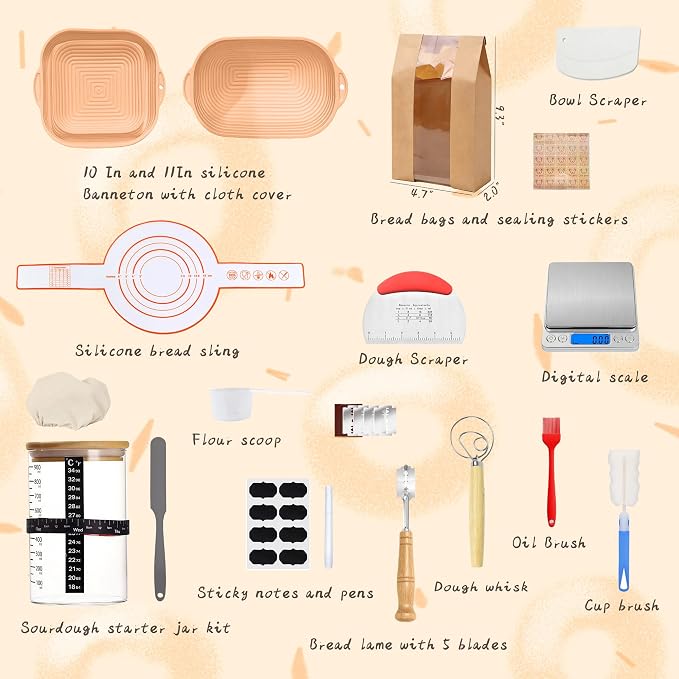 Banneton Bread Proofing Basket Set, Sourdough Starter Kit with Starter Jar, Digital Scale, Whisk, Dough Scraper, Bread Lame, Bread Making Tools Kit for Baking, Fermentation
