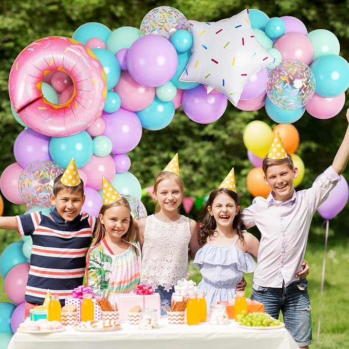 Donut Party Decorations, 108 Pcs Pink Purple Green Teal Balloons Arch Kit Pastel Latex Balloon Foil Donut Sprinkles Confetti Candy for Girls Princess Sweet One Birthday Donut Grow up Party Decorations