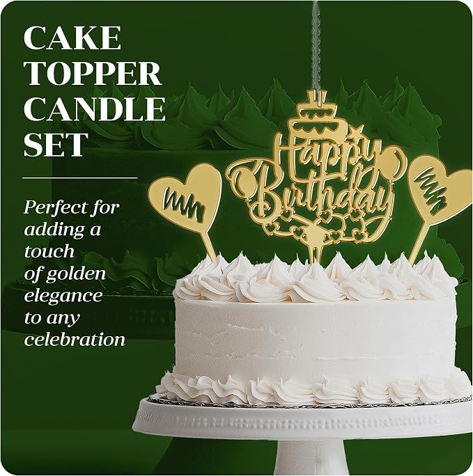 Happy Birthday Cake Candle Topper for Birthday Party Decorations, Acrylic Golden, 2 Hearts