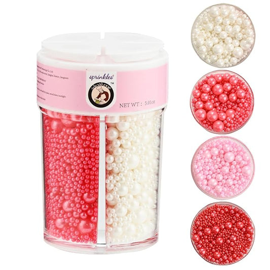 Homankit Edible Pearl Sprinkles for Baking, Red Pink and White Sugar Pearls Cake Decorations for Cupcake Toppers Cookie Decorating Birthday Party Wedding Valentines Christmas Supplies
